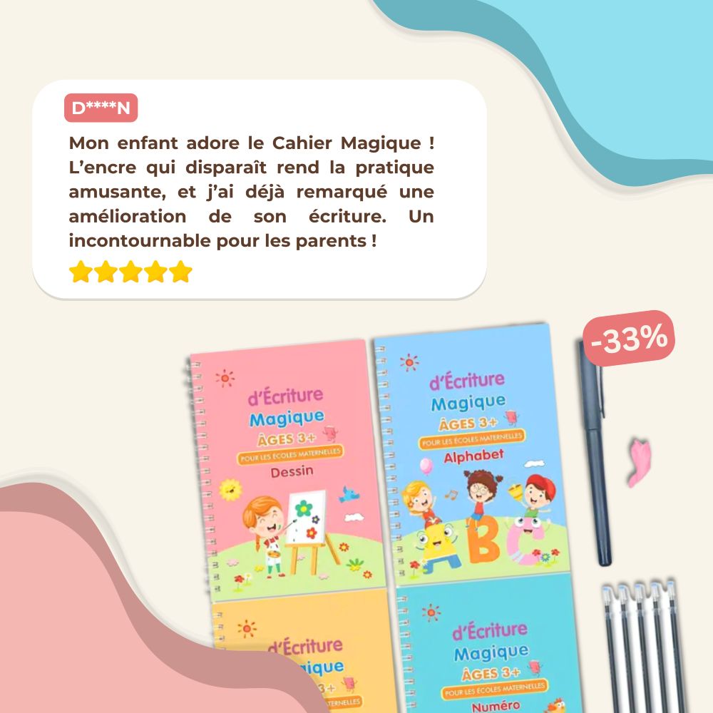 Cahier d’Écriture Réutilisable 4-en-1 pour Enfants – Alphabet, Chiffres, Maths & Dessin - Ma boutique