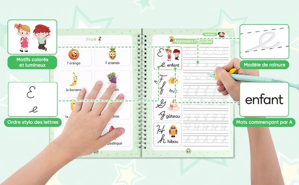 Cahier d’Écriture Réutilisable 4-en-1 pour Enfants – Alphabet, Chiffres, Maths & Dessin - Ma boutique