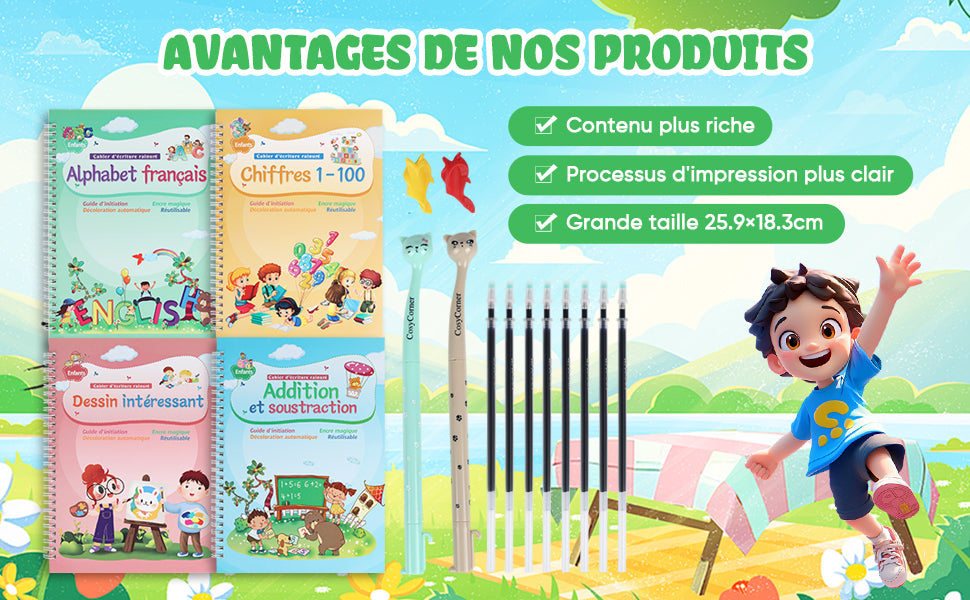 Cahier d’Écriture Réutilisable 4-en-1 pour Enfants – Alphabet, Chiffres, Maths & Dessin - Ma boutique