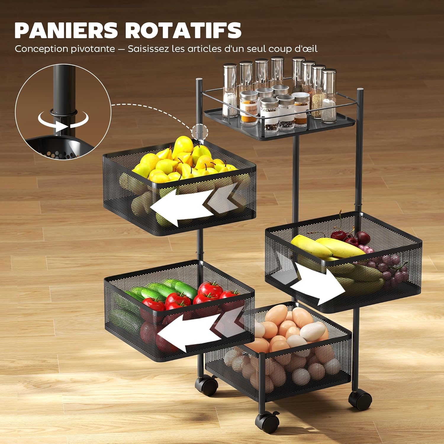 Chariot Rangement Multi-Usage à 4 Paniers Rotatifs- MOBILE & PRATIQUE