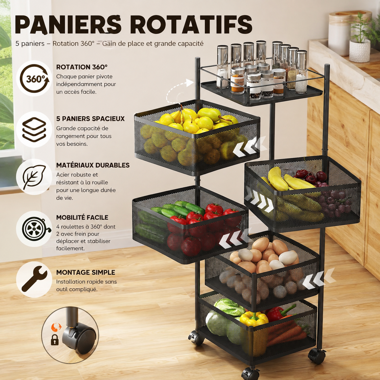 Chariot Rangement Multi-Usage à 5 Paniers Rotatifs- MOBILE & PRATIQUE - Ma boutique