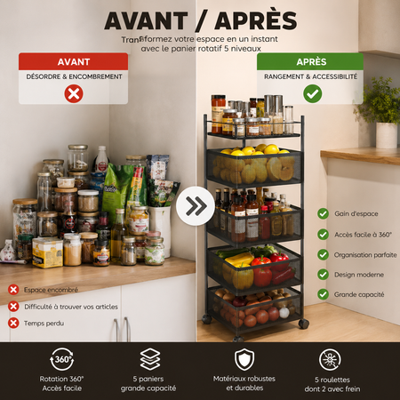 Chariot Rangement Multi-Usage à 5 Paniers Rotatifs- MOBILE & PRATIQUE - Ma boutique