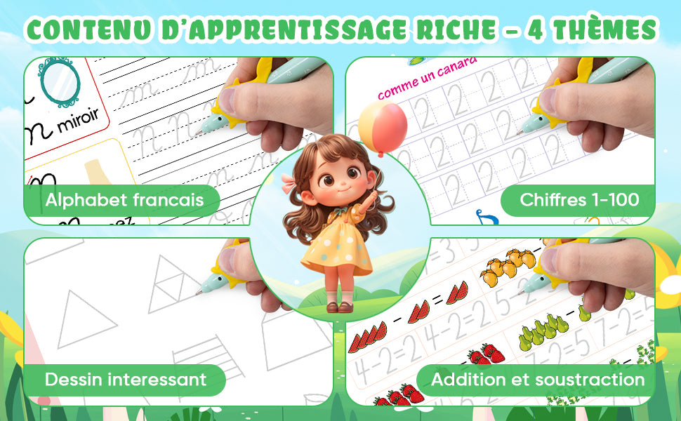 Cahier d’Écriture Réutilisable 4-en-1 pour Enfants – Alphabet, Chiffres, Maths & Dessin - Ma boutique